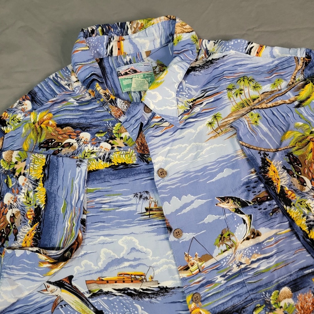 Reyn Spooner XL Marlin Swordfish Floral Hawaiian Aloha Shirt Blue Fish Vintage